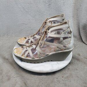 Fly London Shoes Womens Size EU 40 US 9 Yuke Beige Leather Wedge Sandals